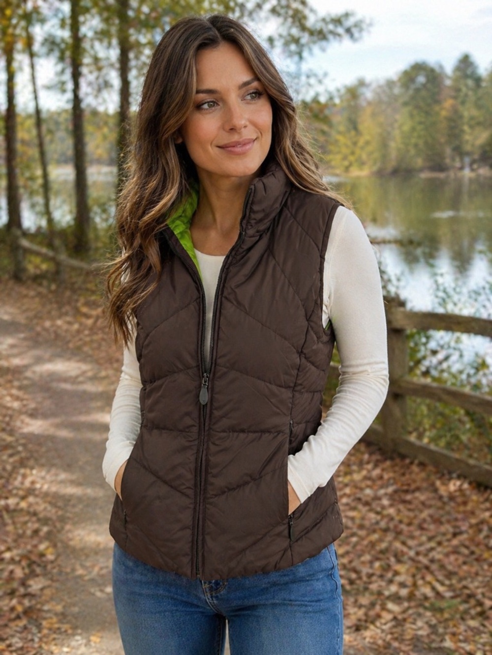 Kenneth Cole Reaction Brown Puffer Vest with Lime Lining Gorpcore M